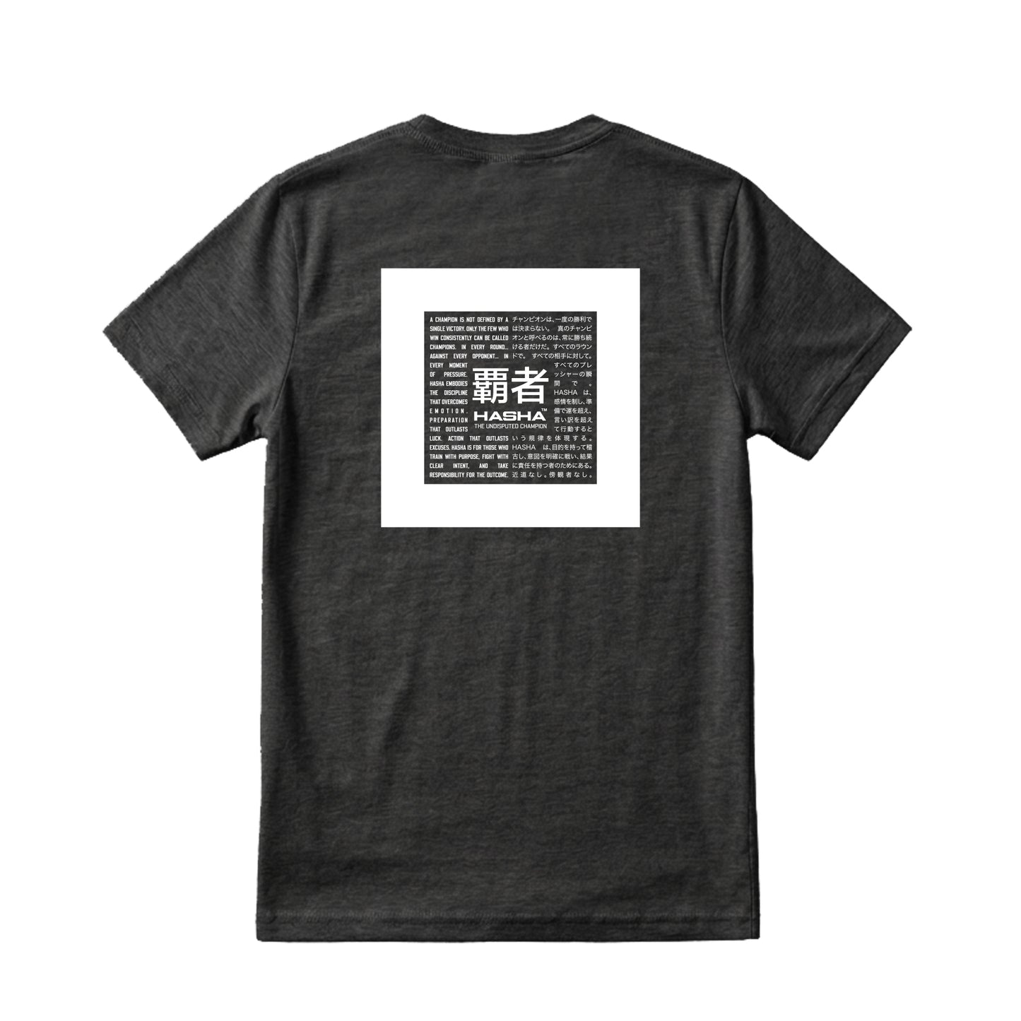 Charcoal grey t-shirt with shiai-jo court white HASHA kanji logo and text