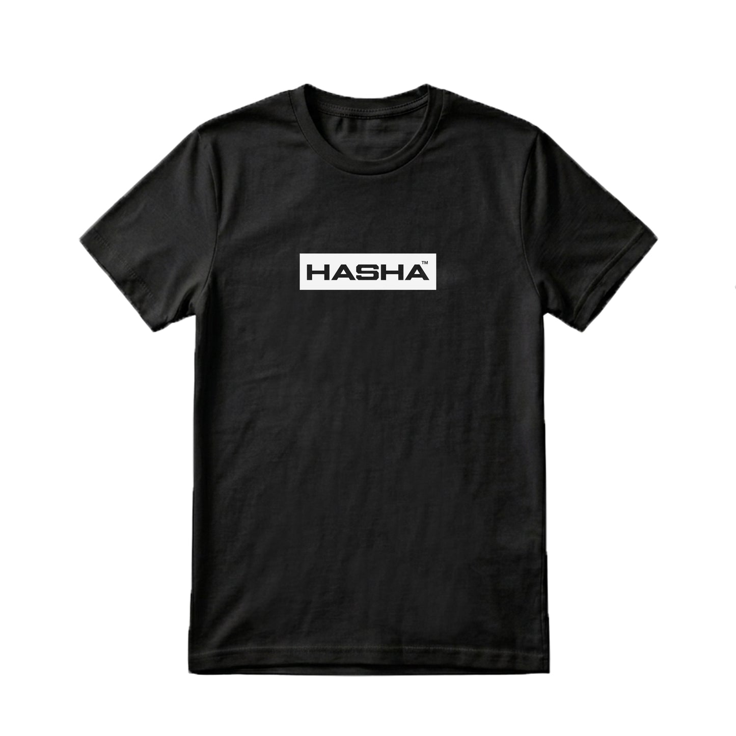 black t-shirt with HASHA logo design and text on a white background