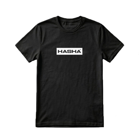 black t-shirt with HASHA logo design and text on a white background
