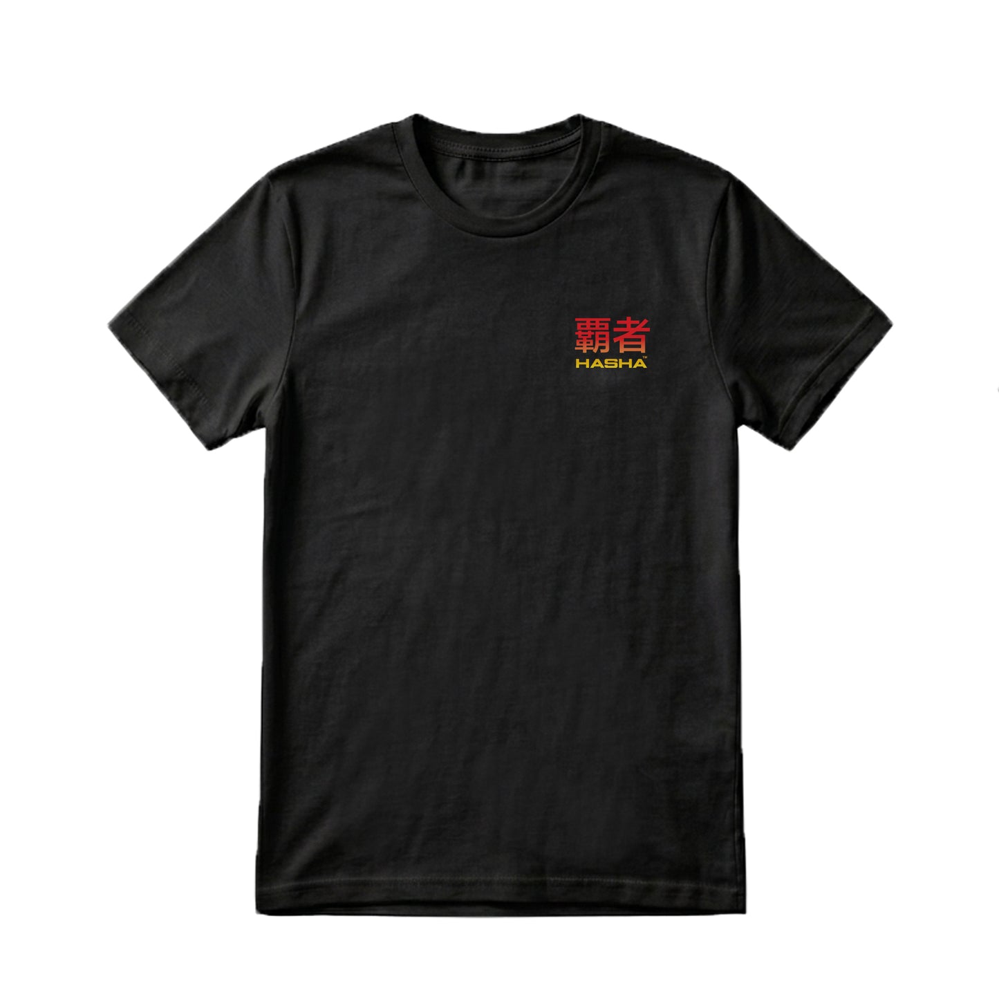 Black t-shirt with red and yellow text on a white background
