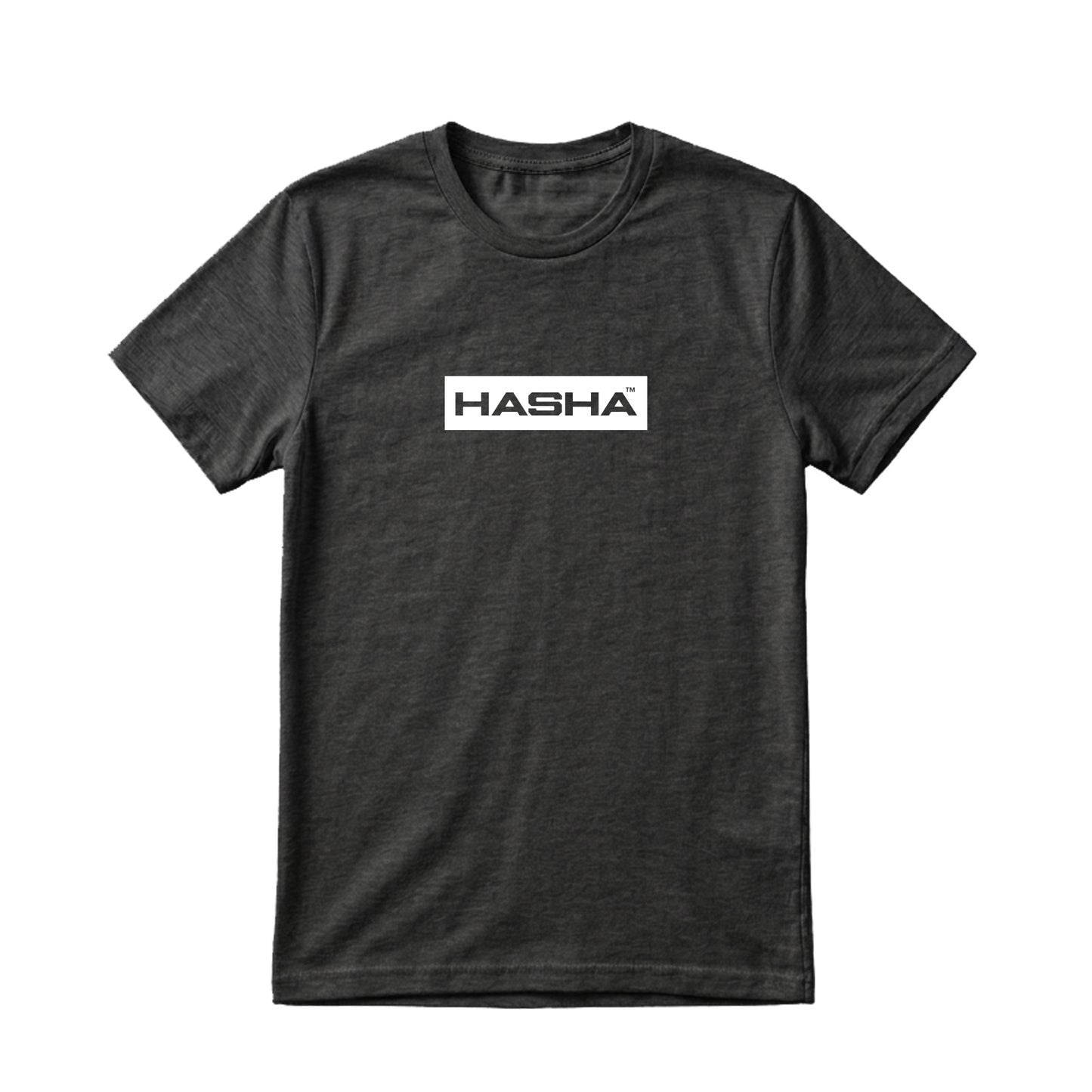 Charcoal grey t-shirt with 'HASHA' logo on a white background