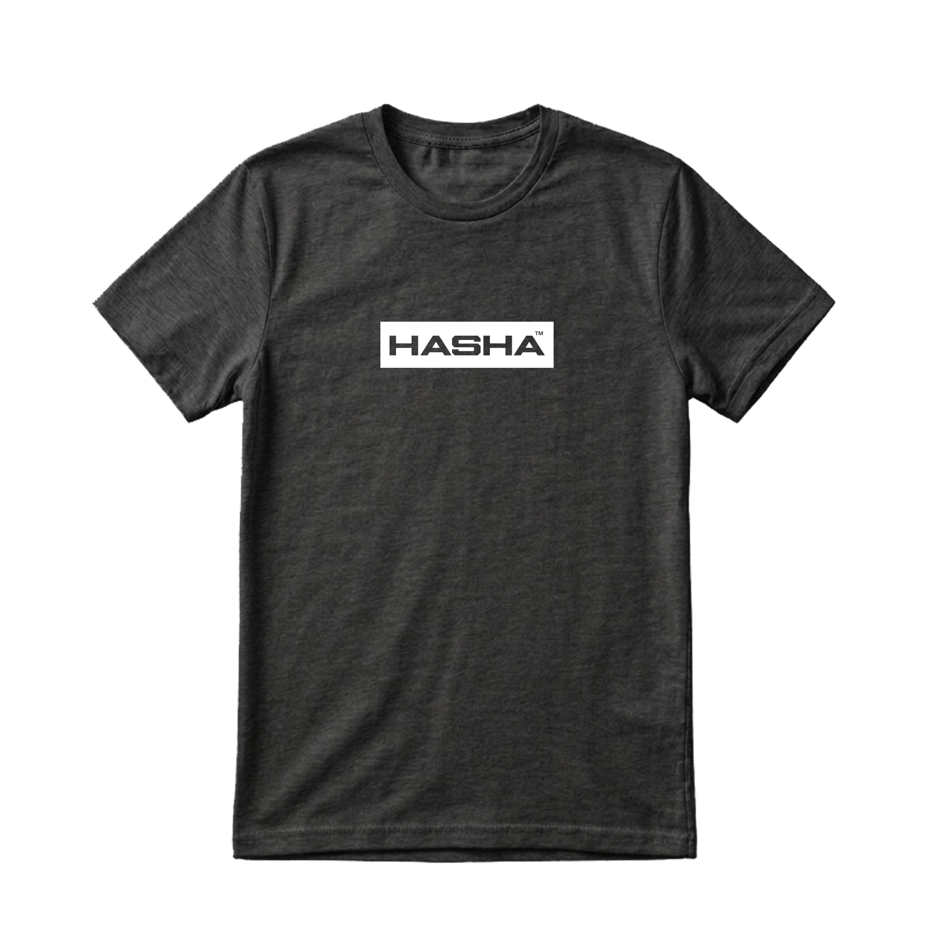 Charcoal grey t-shirt with 'HASHA' logo on a white background