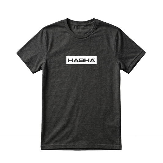 Charcoal grey t-shirt with 'HASHA' logo on a white background