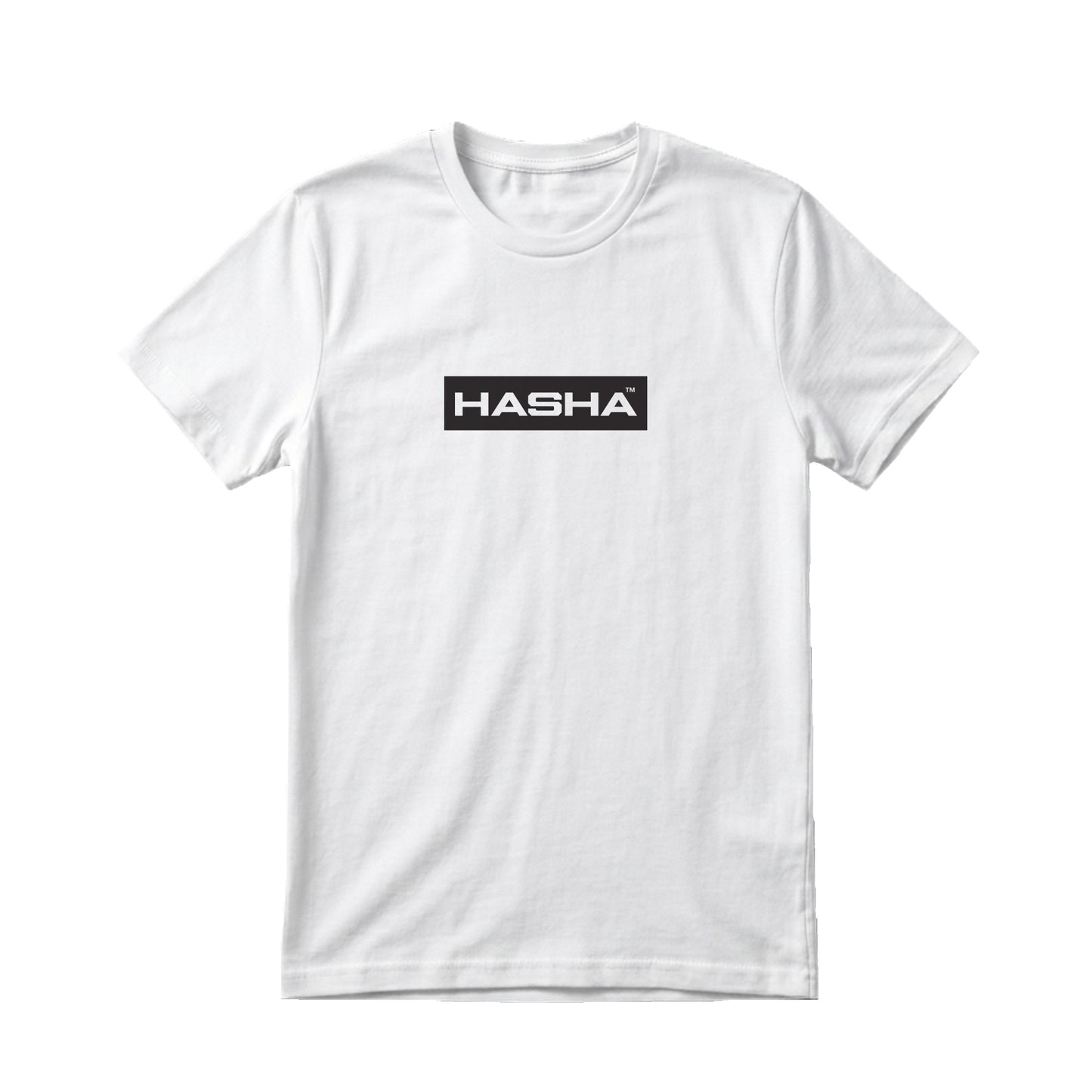 White t-shirt with 'HASHA' logo on a white background