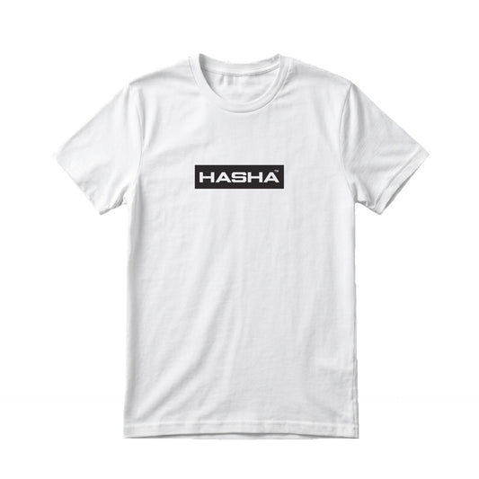 White t-shirt with 'HASHA' logo on a white background