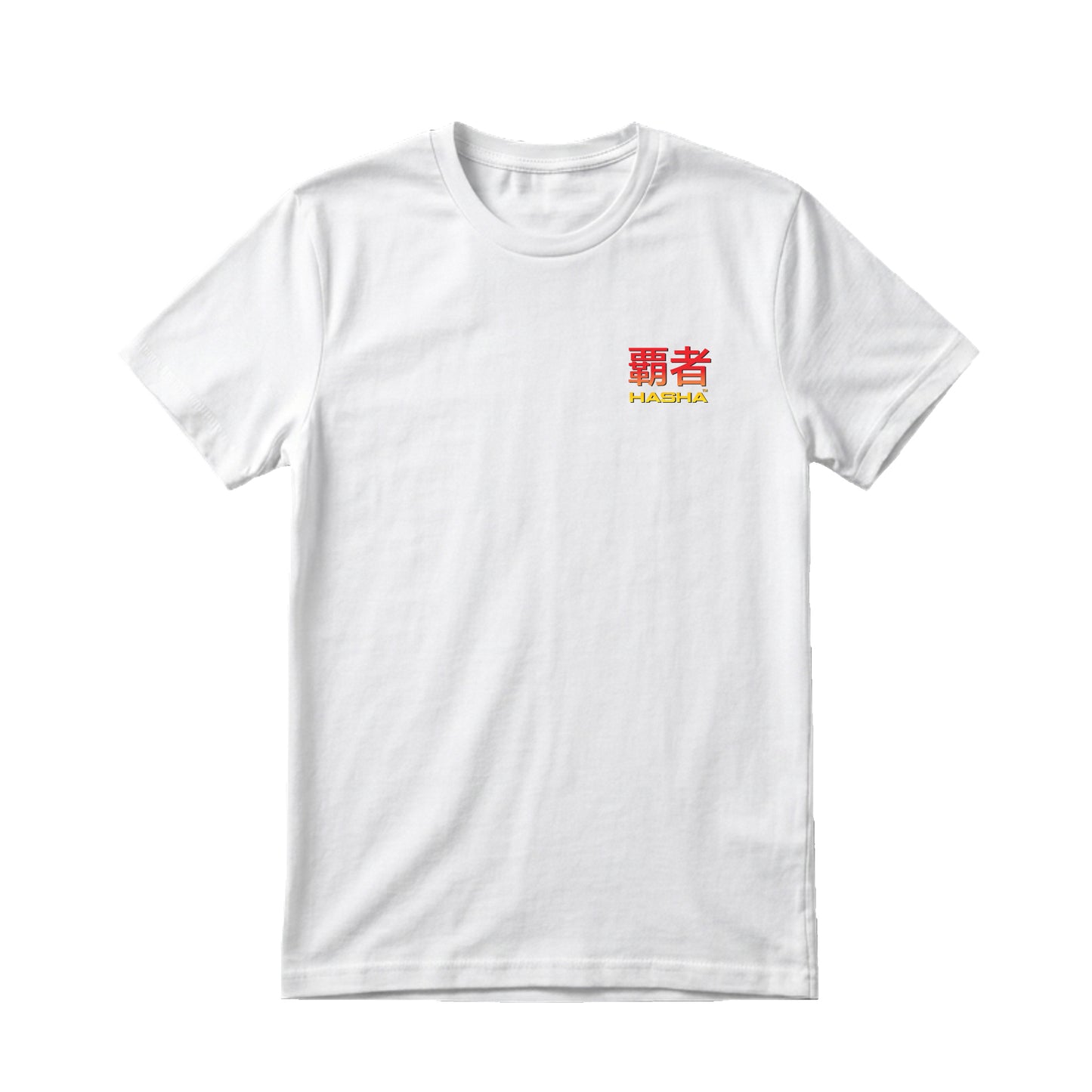 White t-shirt with red and yellow text on a white background